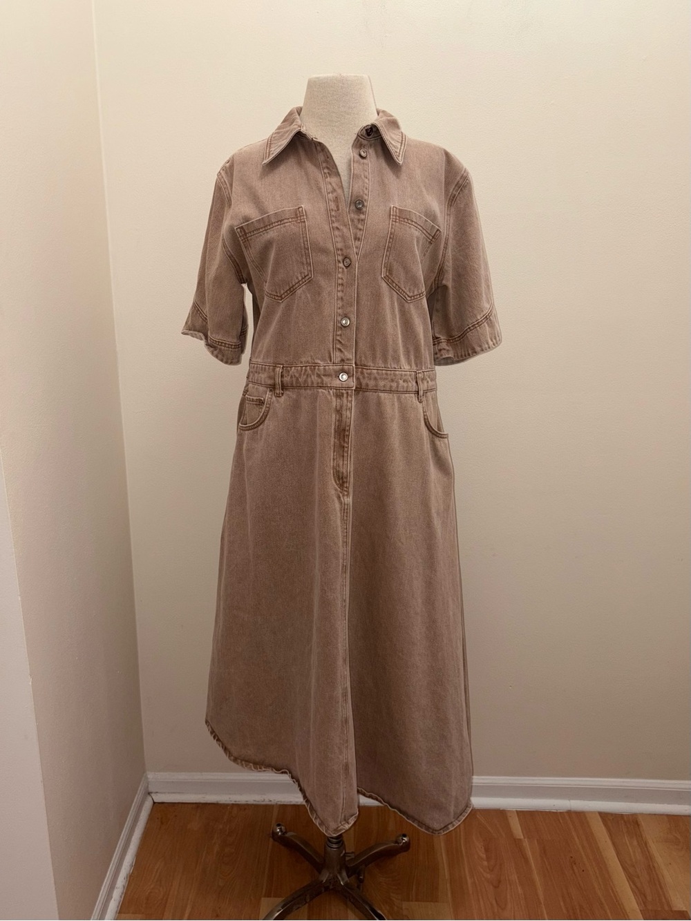 ALIGNE Tan Mateo Asymmetrical Utility Denim Midi Dress Size 12 Large Lagenlook - Picture 2 of 16